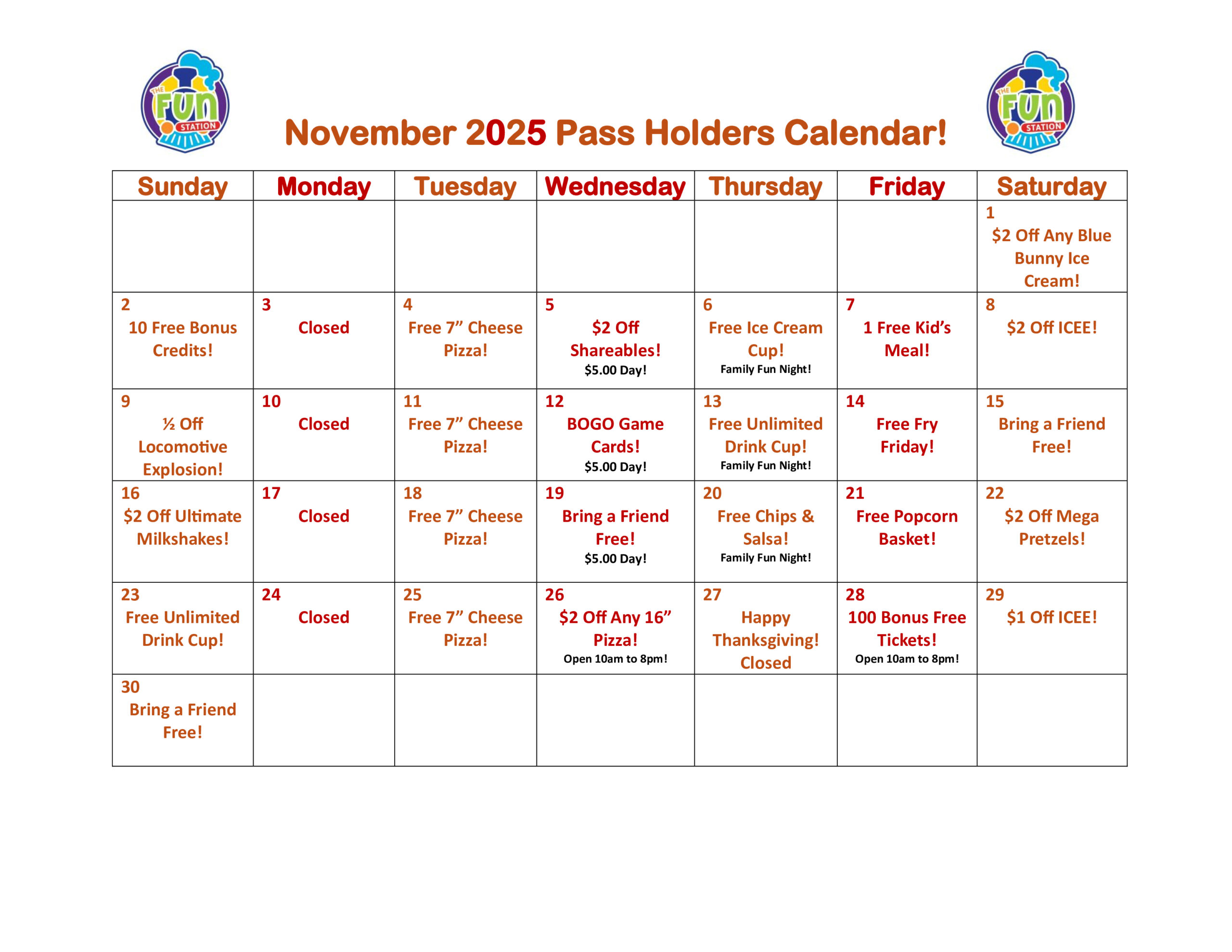 November Pass Holder Calendar
